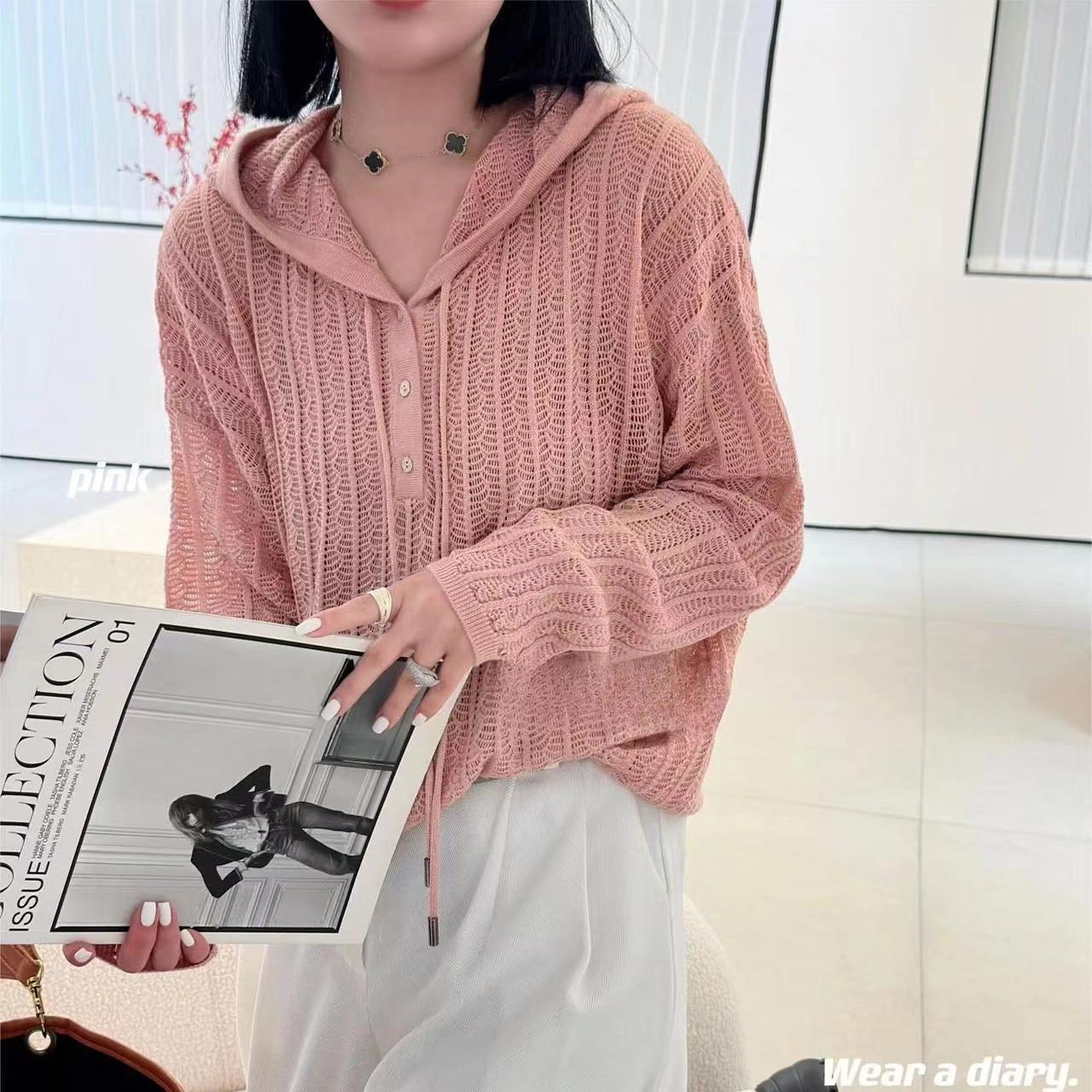 连帽抽绳条纹精仿羊毛长袖镂空女针织衫秋冬2024新款欧货宽松帽衫