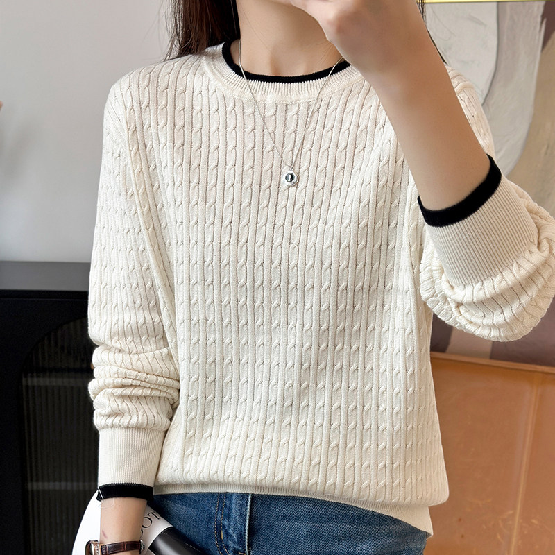 春秋新款撞色纯棉线圆领麻花纹针织衫女宽松显瘦套头毛衣打底衫