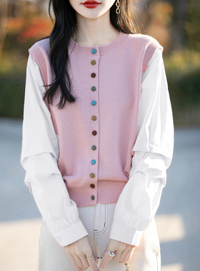 欧货宽松休闲百搭圆领彩色扣衬衫女设计感针织拼接衬衣假两件开衫