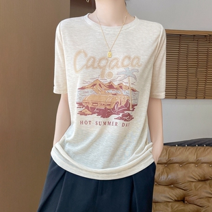 春夏新款休闲风圆领短袖T恤衫女宽松印花针织上衣显瘦百搭半袖