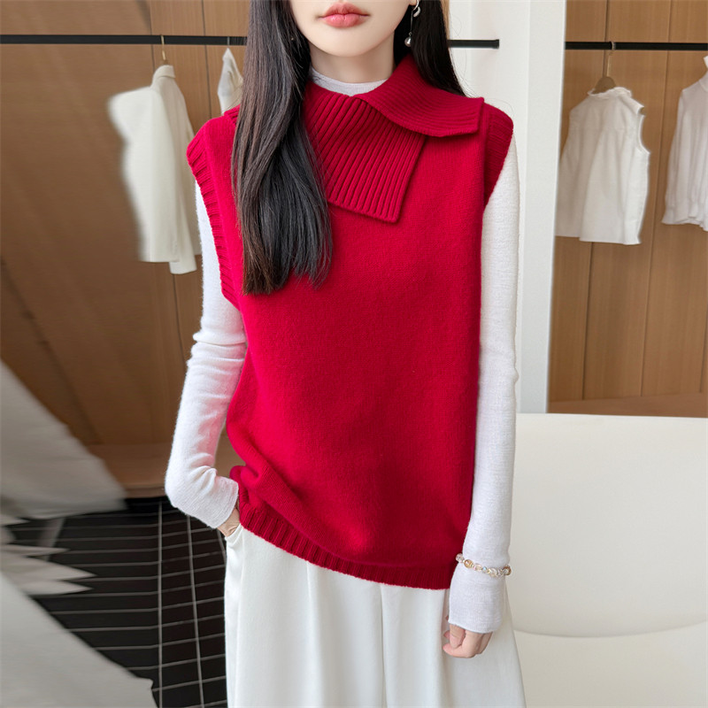 秋冬纯羊毛翻领针织马甲女保暖图片