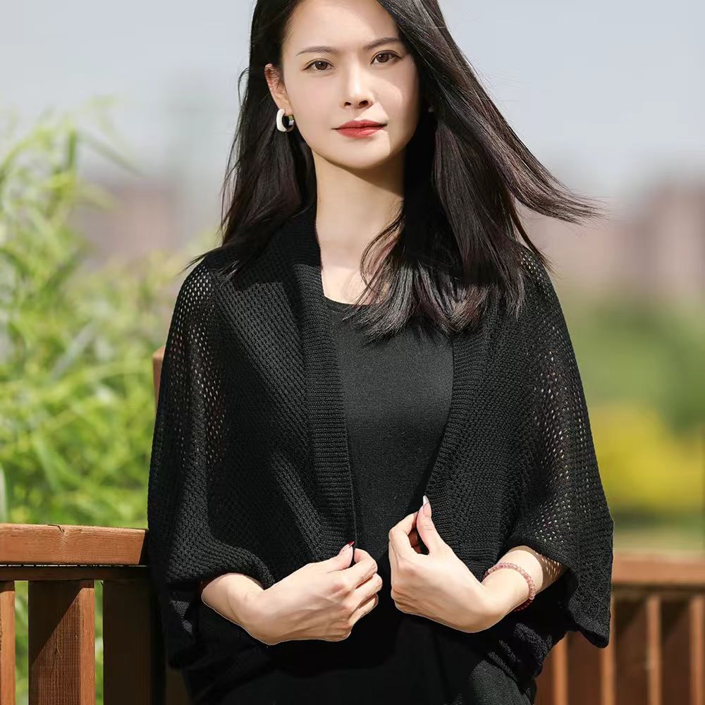 针织开衫女镂空外搭天丝宽松薄款防晒衫夏季空调披肩慵懒风斗篷