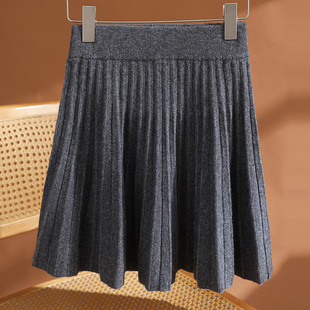 秋冬新款100纯羊毛半身裙针织亮丝百褶短裙女高腰显瘦百搭包臀裙