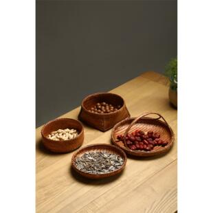 藤编圆形竹编筐日式坚果碟干果盘茶道收纳篮竹编复古筐做旧茶点盘