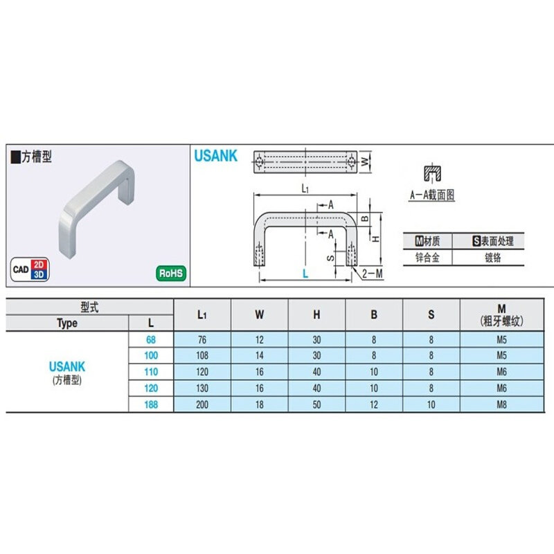 。方槽型拉手XAC51-L68/L100/L120 锌合金把手USANK68/100/120 正