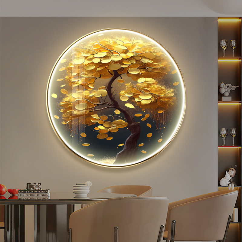 圆形黄金发财树装饰画餐厅轻奢大气玄关墙壁画高端镶钻LED灯挂画图片