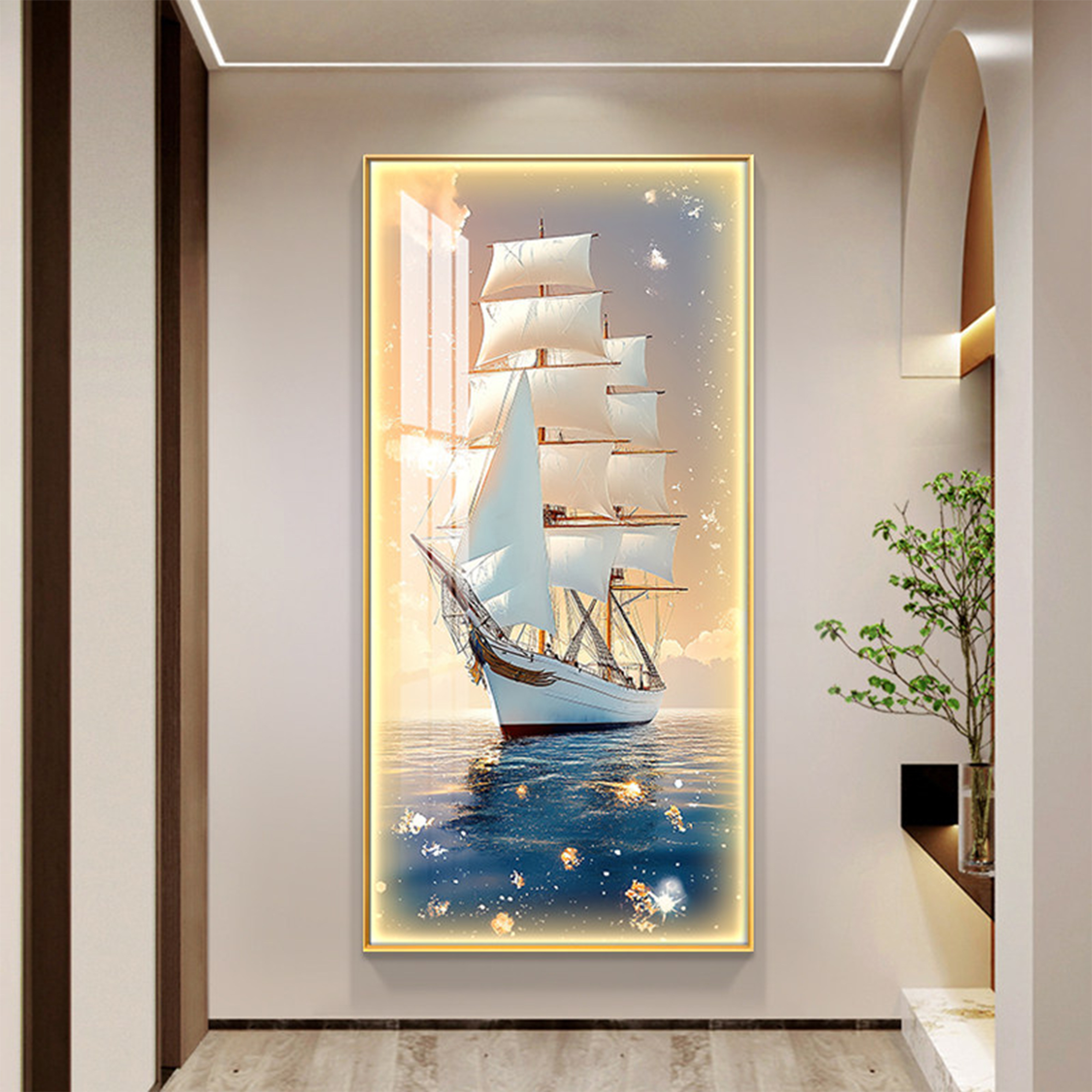 一帆风顺玄关装饰画灯画海上风景
