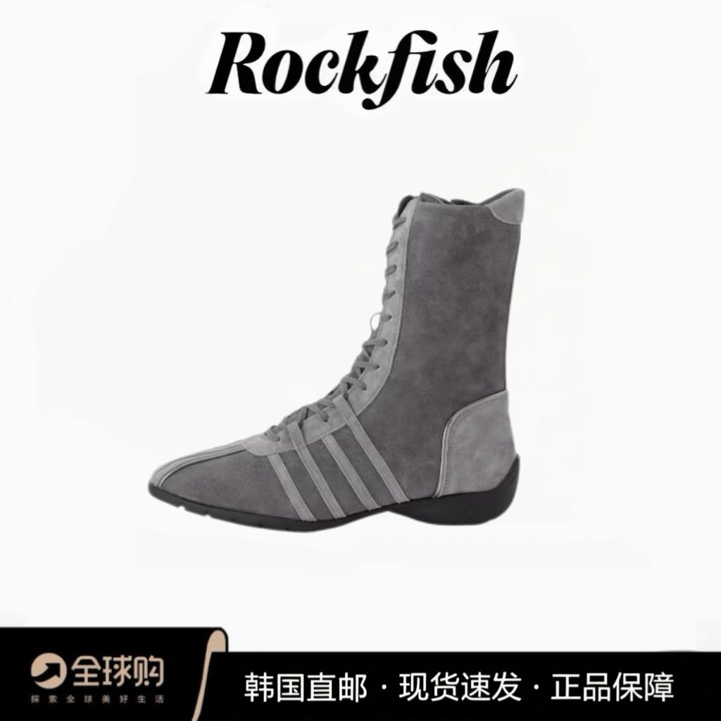 专柜正品Rockfish 绑带高帮厚底芭蕾鞋时尚真皮拼色机车短靴女