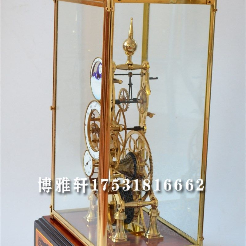 骨架钟纯铜镀金机械透视玻璃罩齿轮座钟星辰日月发条上弦仿古董钟,家居饰品,座钟,淘宝优惠券,粉丝福利购,淘宝优惠卷