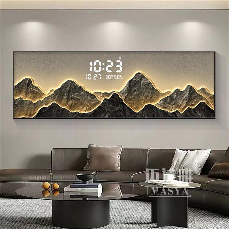 现代轻奢客厅装饰画背有靠山沙发背景墙挂画山水画高级感时钟壁画