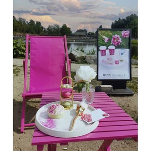 网红沙滩椅遮阳伞套装景区拍照网红店玫红色户外海边打卡道具厂家