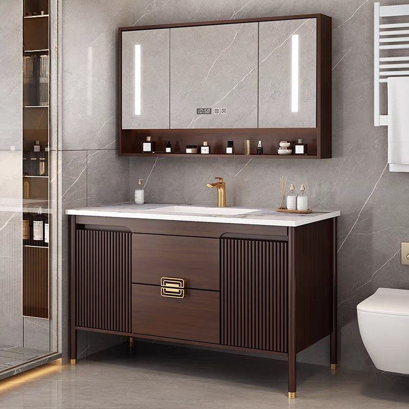 现代新中式浴室柜岩板无缝一体盆组合卫生间实木落地洗手洗脸台盆