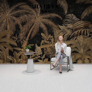 热带植物叶子黑色轻奢墙布客厅沙发卧室法式中古电视背景墙高级感