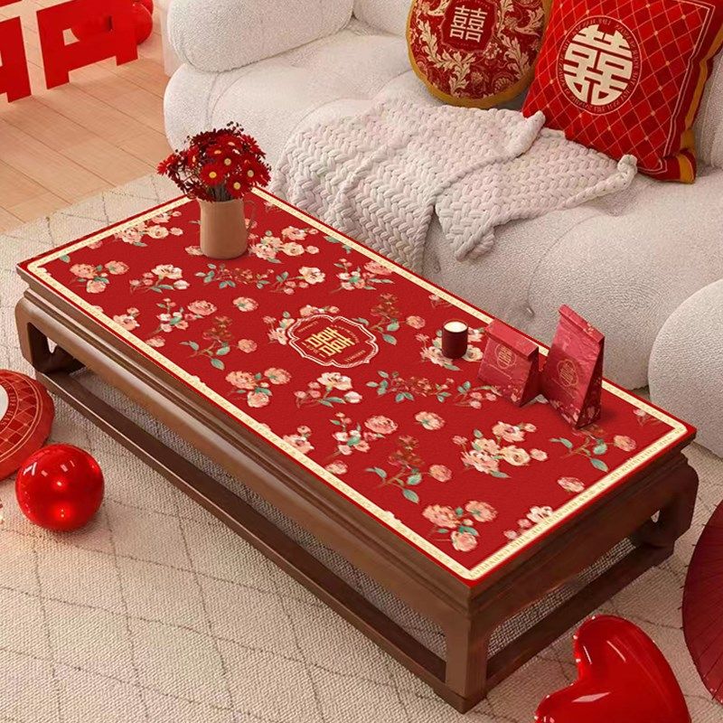 新婚红色喜庆茶几桌垫2023新款中式花朵硅胶防水防烫垫子可擦免洗,居家布艺,桌布,淘宝优惠券,粉丝福利购,淘宝优惠卷