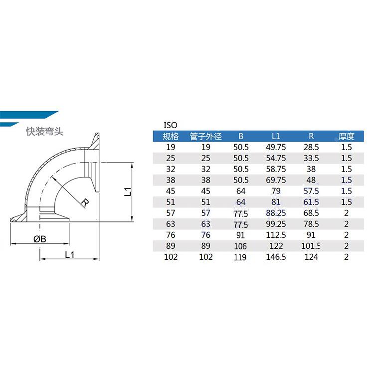 若腾304/316不锈钢卫生级快装弯头90度卡箍式卡盘弯管卡扣直角弯
