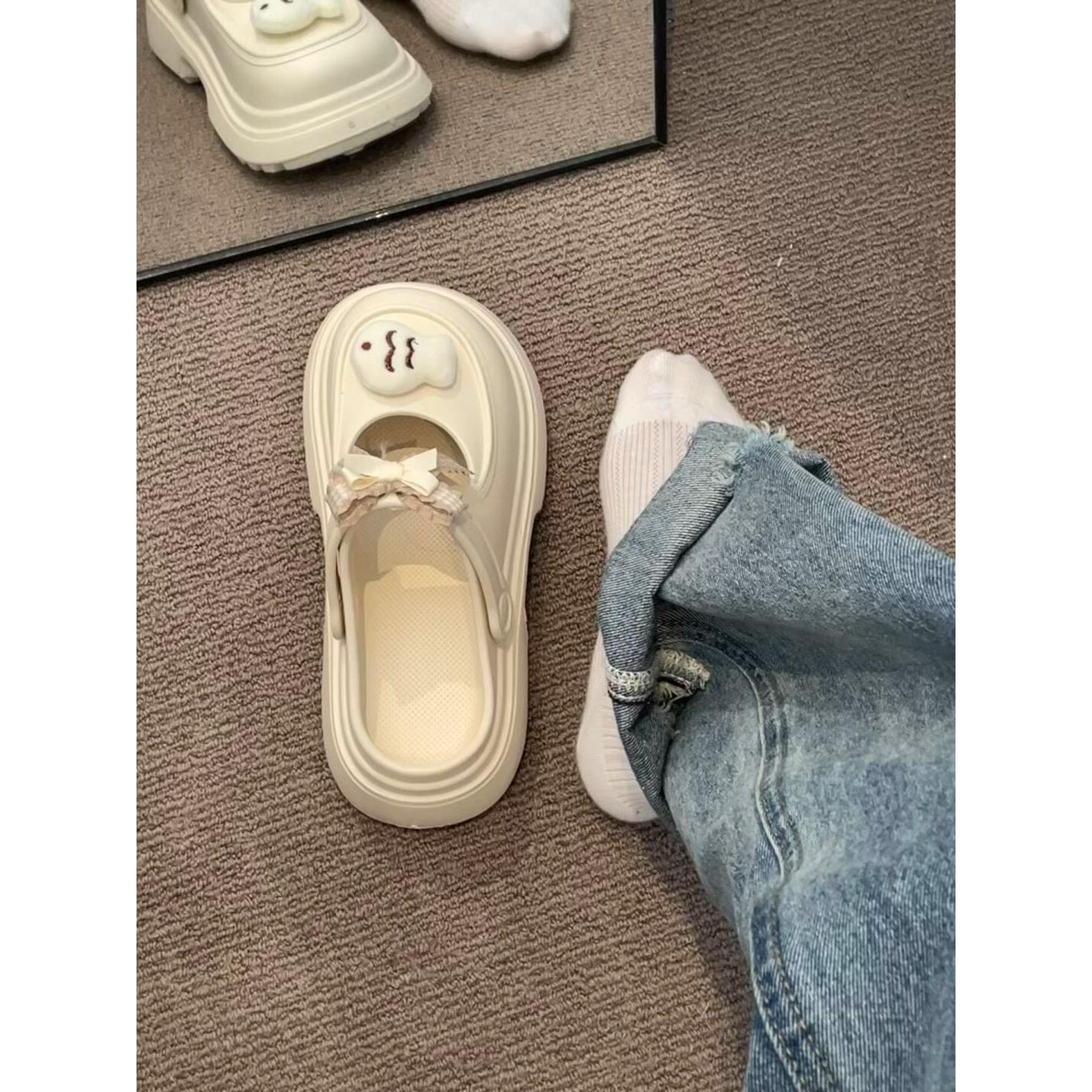 小鱼拖鞋可爱少女心蝴蝶结洞洞鞋女外穿2024夏季新款玛丽珍凉拖鞋