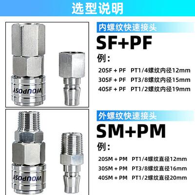 不锈钢C式快速接头内螺纹SF20母头1/4气管快插接头PU管接头SF30