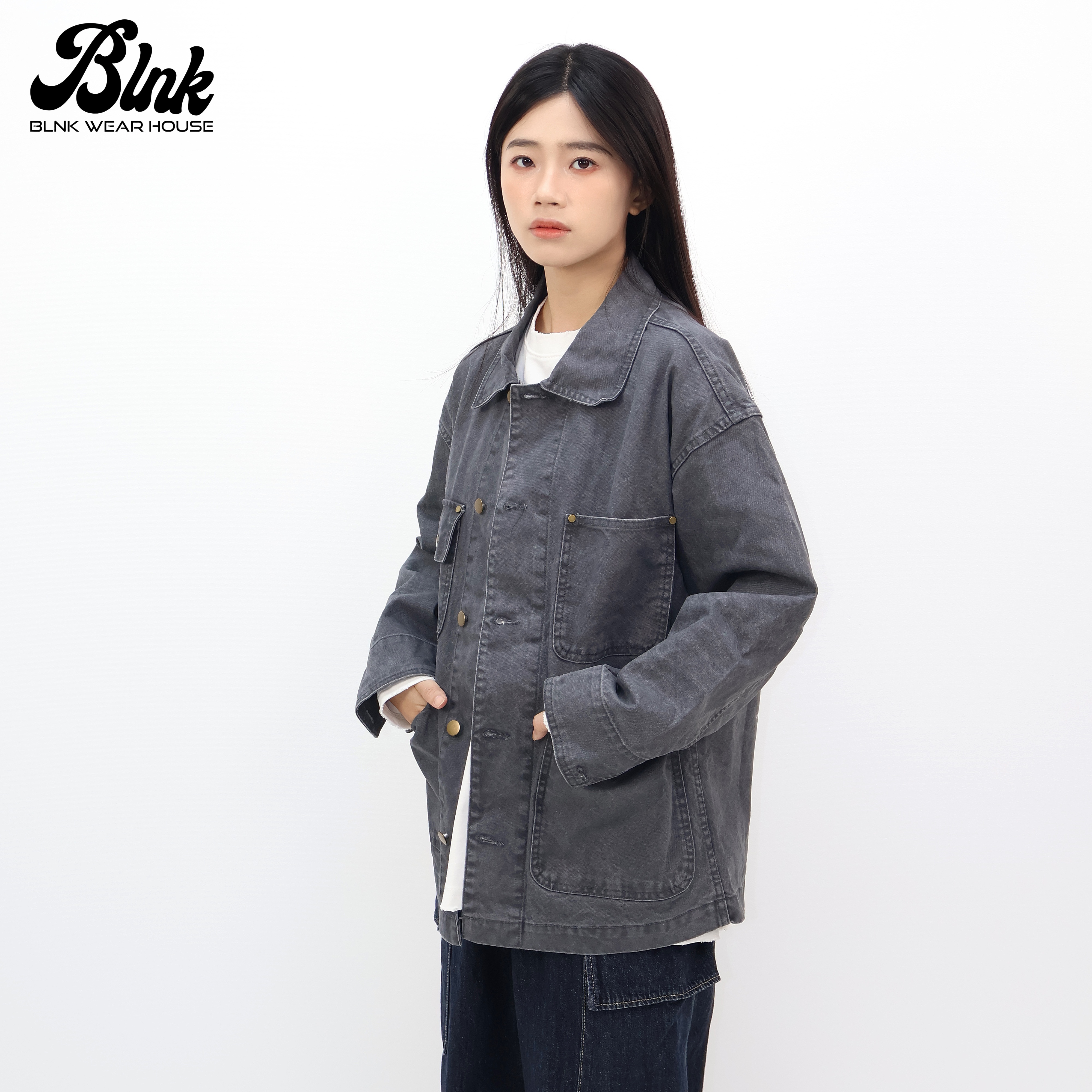 【BLNK】工装潮流长袖衬衫夹克潮牌设计感纯棉金属扣秋装衬衫外套