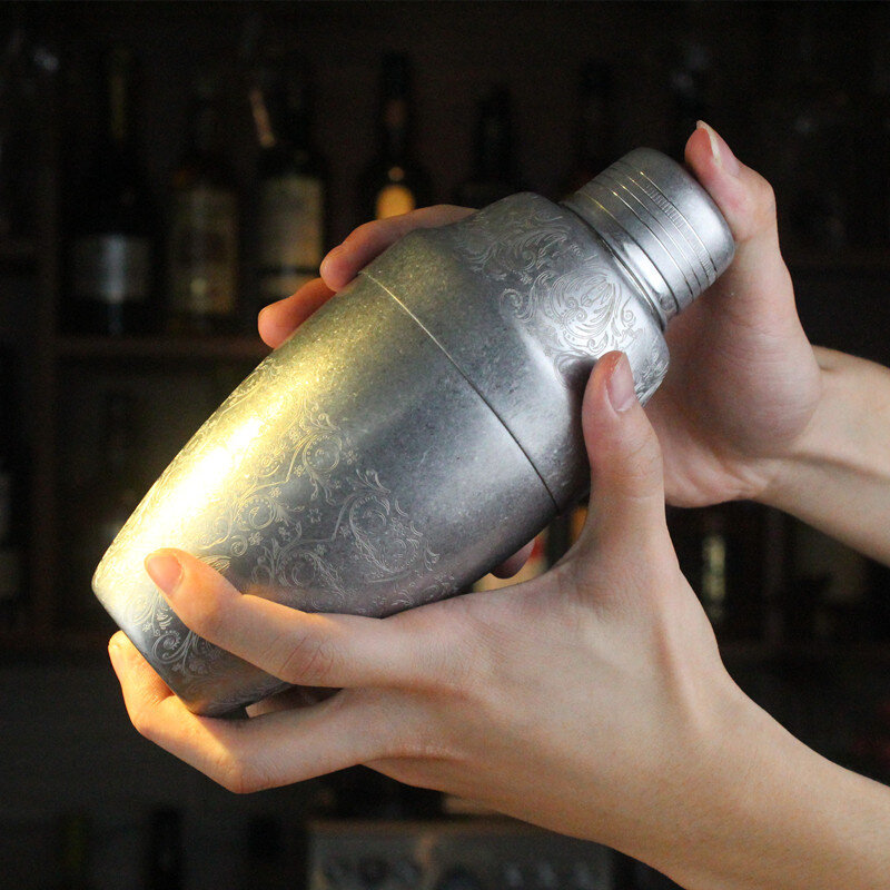 美式不锈钢调酒器复古摇酒壶酒吧调酒雪克壶做旧蚀刻摇酒器调酒