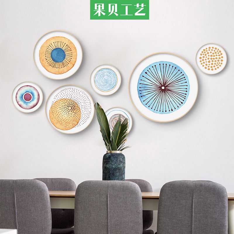 创意圆形实木圆框装饰画抽象几何色块点年轮客厅挂画餐厅饭厅壁画图片