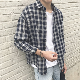 春秋ns格子衬衫男韩版潮流帅气长袖衬衣外套原宿港风宽松情侣装