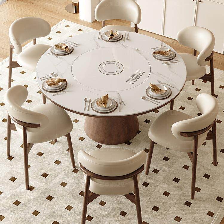 座家智能岩板餐桌家用复古带电磁炉暖菜转盘方圆两用实木伸缩饭桌