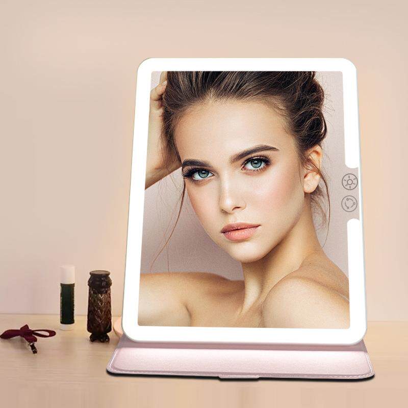 2022年新款带皮套折叠旅行镜子三色灯光便携式超薄led化妆镜