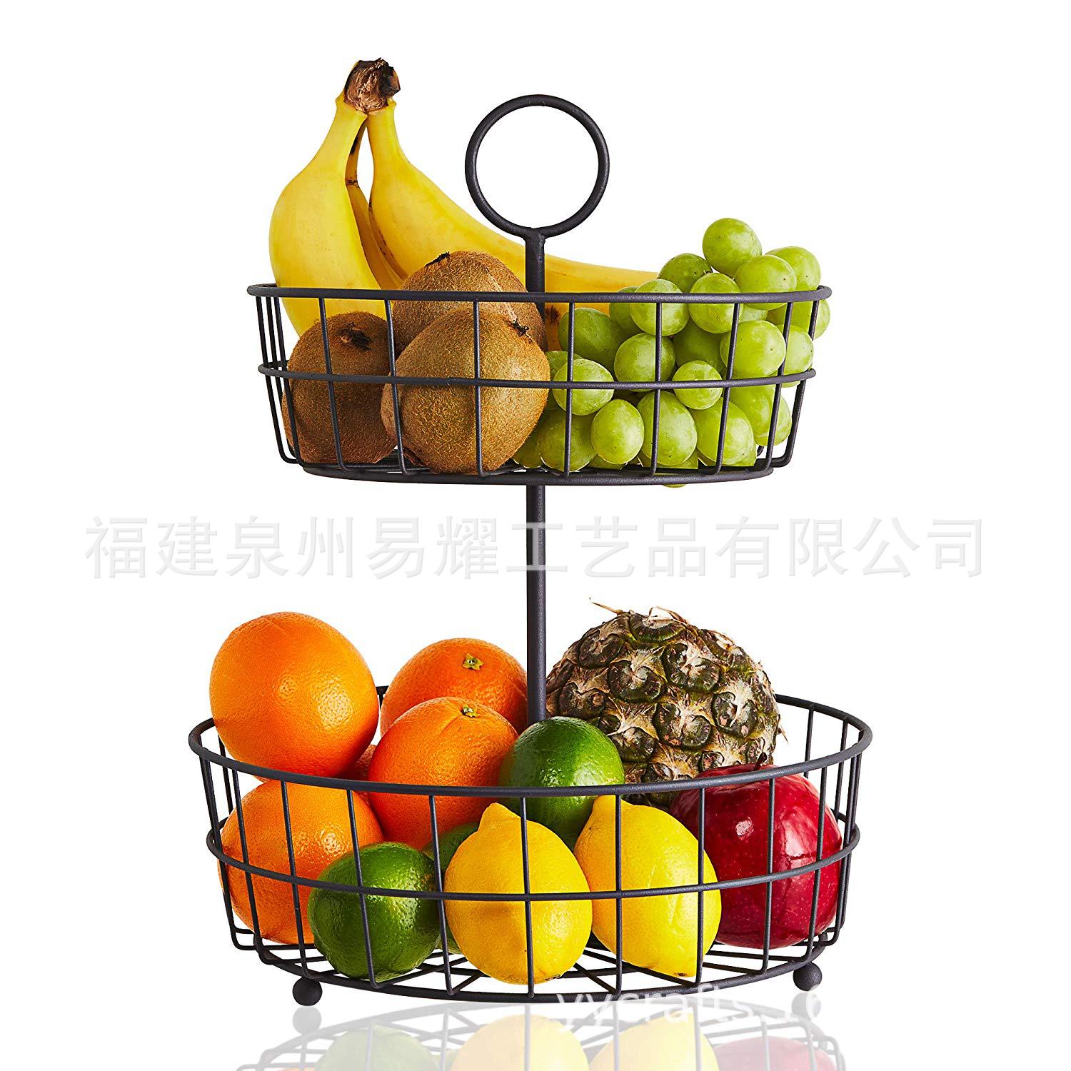 厂家直销双层铁艺水果架厨房客厅台面圆形带圆形手提把手水果篮