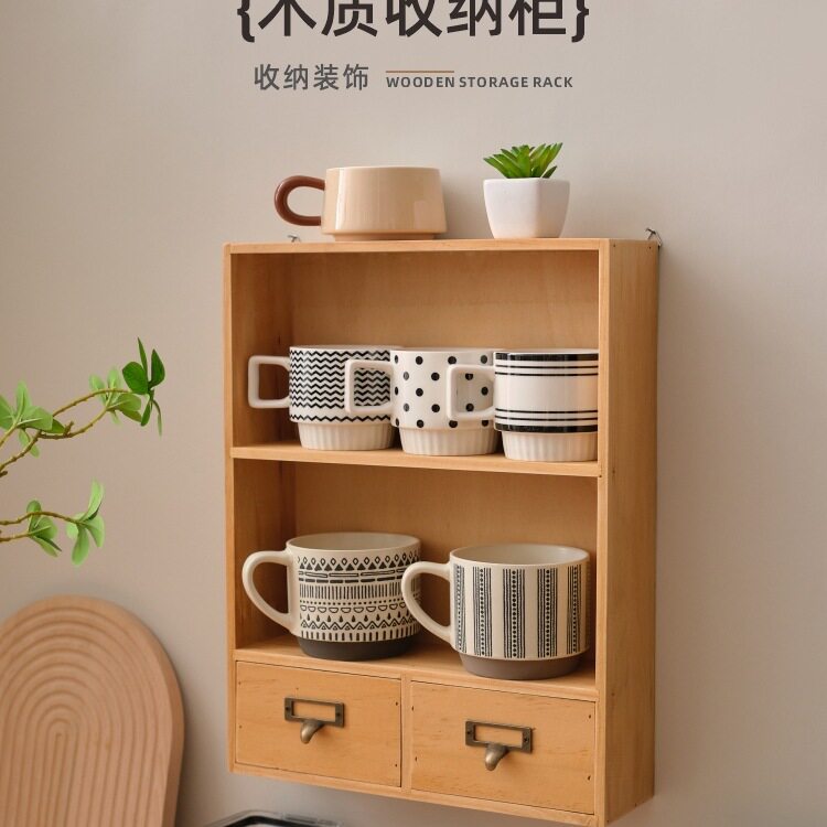 杯子茶具收纳展示架多层客厅免打孔实木挂墙茶杯置物整理架壁挂式