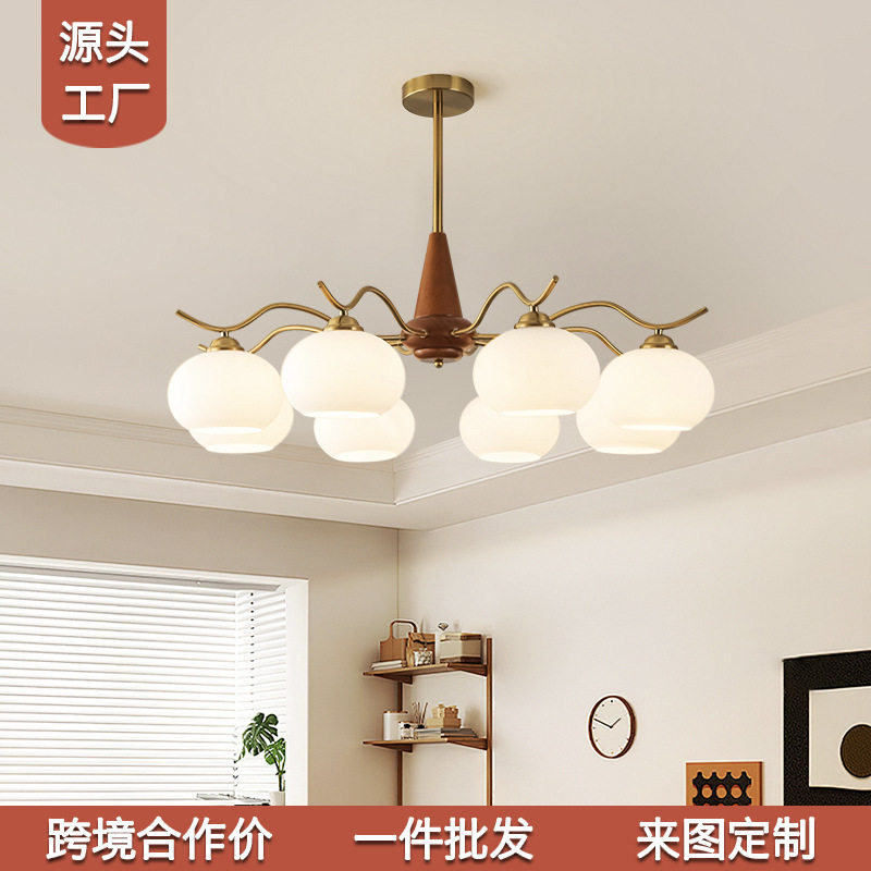 美式复古客厅吊灯中古法式客厅主灯胡桃木色实木餐厅灯具卧室灯具