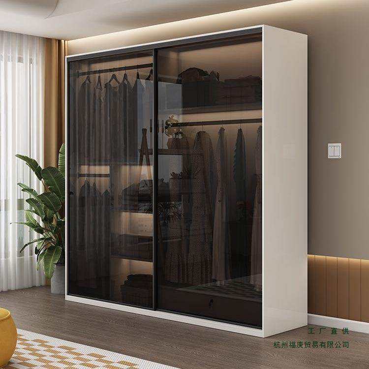 现代简约轻奢玻璃门衣柜推拉门家用卧室衣帽间白色柜趟滑移门衣橱