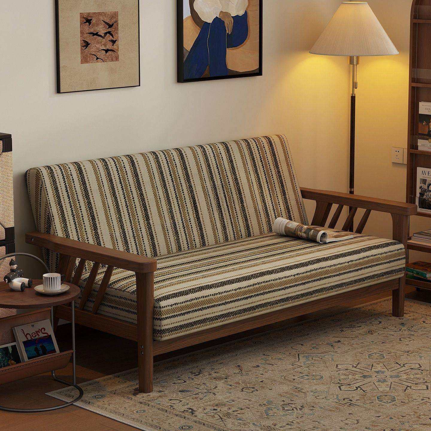 中古风小户型实木双人沙发客厅公寓出租房民宿棉麻布艺直排小沙发