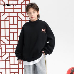 anothersky男童冬季马年黑色加绒半高领卫衣2025新款儿童加厚上衣