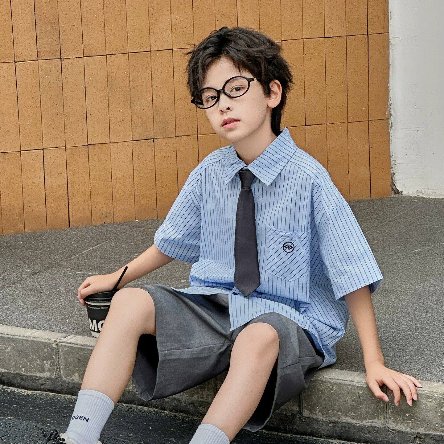 男童学院风衬衫短裤套装2026新款夏装儿童帅气短袖领带衬衫两件套