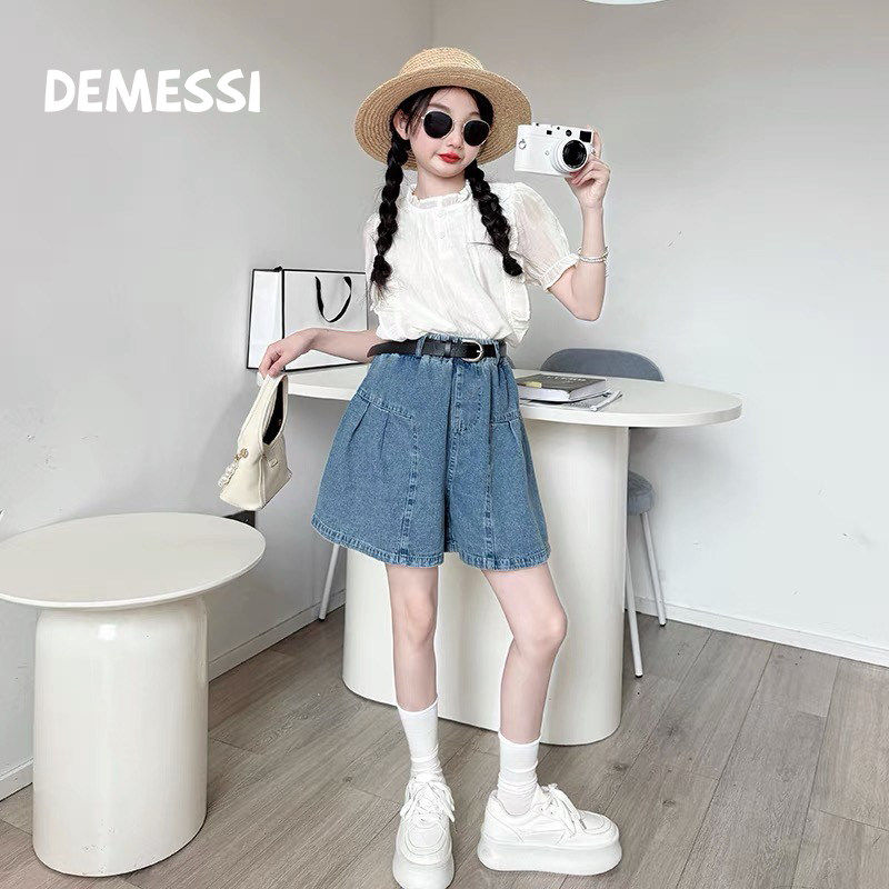 韩国DEMESSI女童套装夏季2026新款儿童娃娃衫短袖上衣牛仔短裙裤