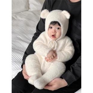 韩国Uamtor婴儿秋冬衣服可爱毛绒连体衣宝宝彷水貂绒外出哈衣爬服