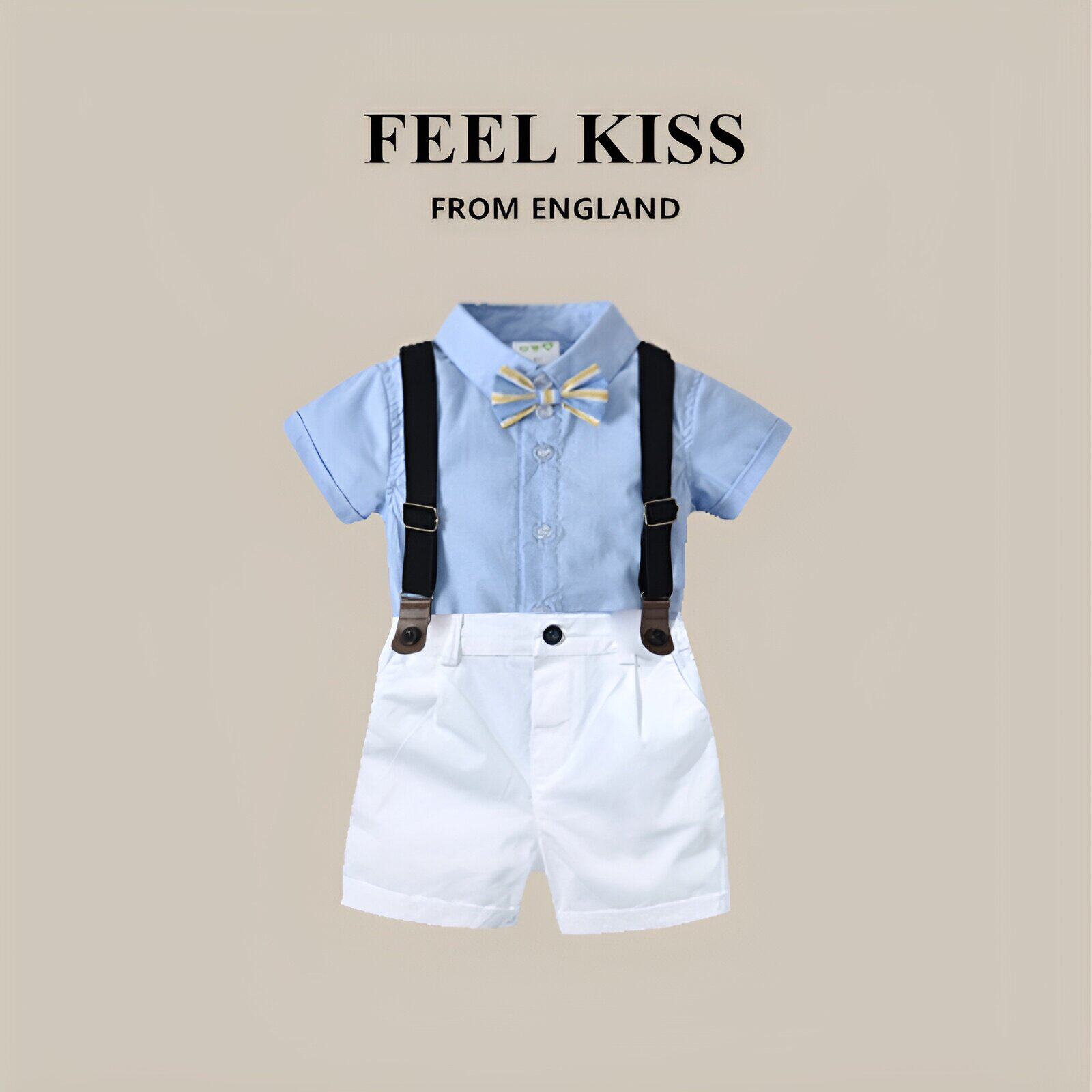 英国FeelKIss男童装夏装2026新款帅气绅士短袖衬衫抱婴袋裤礼服套