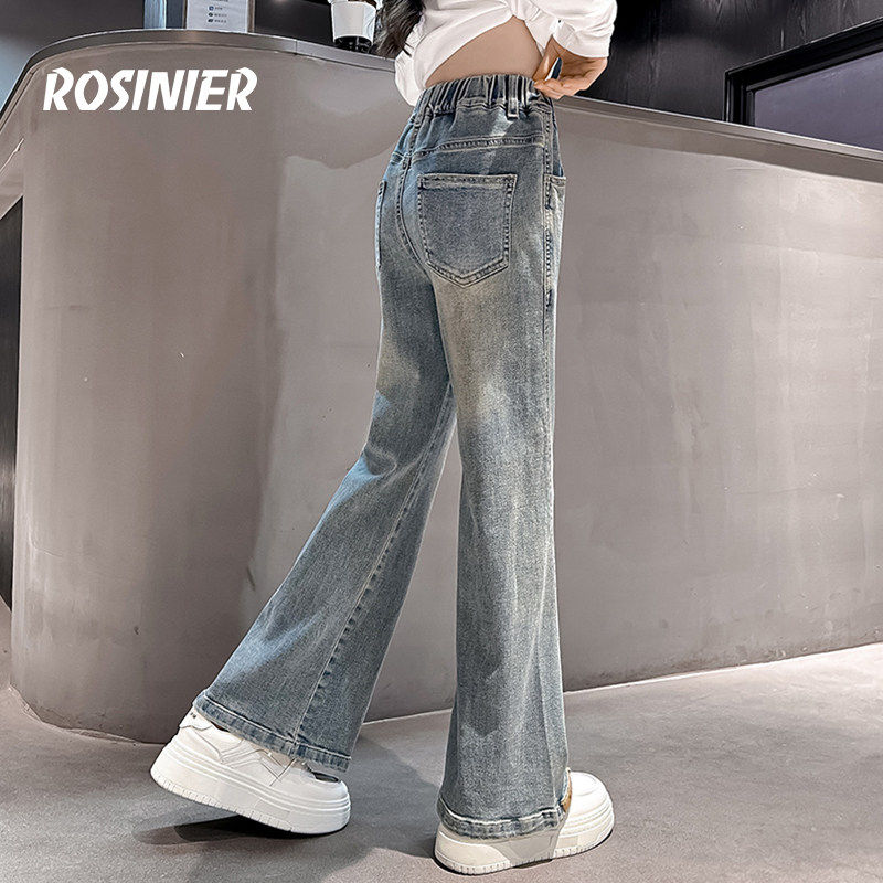 韩国ROSINIER女童牛仔裤子秋冬款儿童冬季加绒喇叭裤中大童阔腿裤