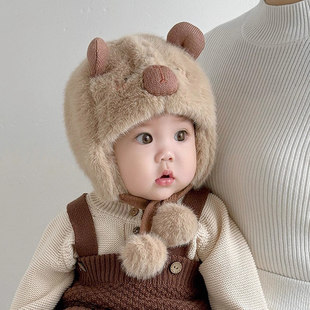 韩国Uamtor婴儿帽子冬季毛绒帽男女宝宝可爱小熊护耳帽保暖套头帽
