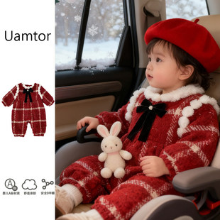 韩国Uamtor婴儿连身衣冬款加绒加厚宝宝爬服耶诞新年款小香风哈衣