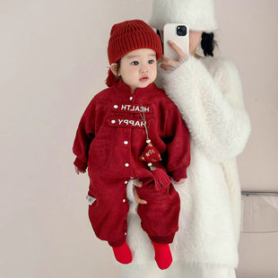 韩国Uamtor婴儿爬服冬装加厚夹棉哈衣百日周岁宝宝新年红色连身衣