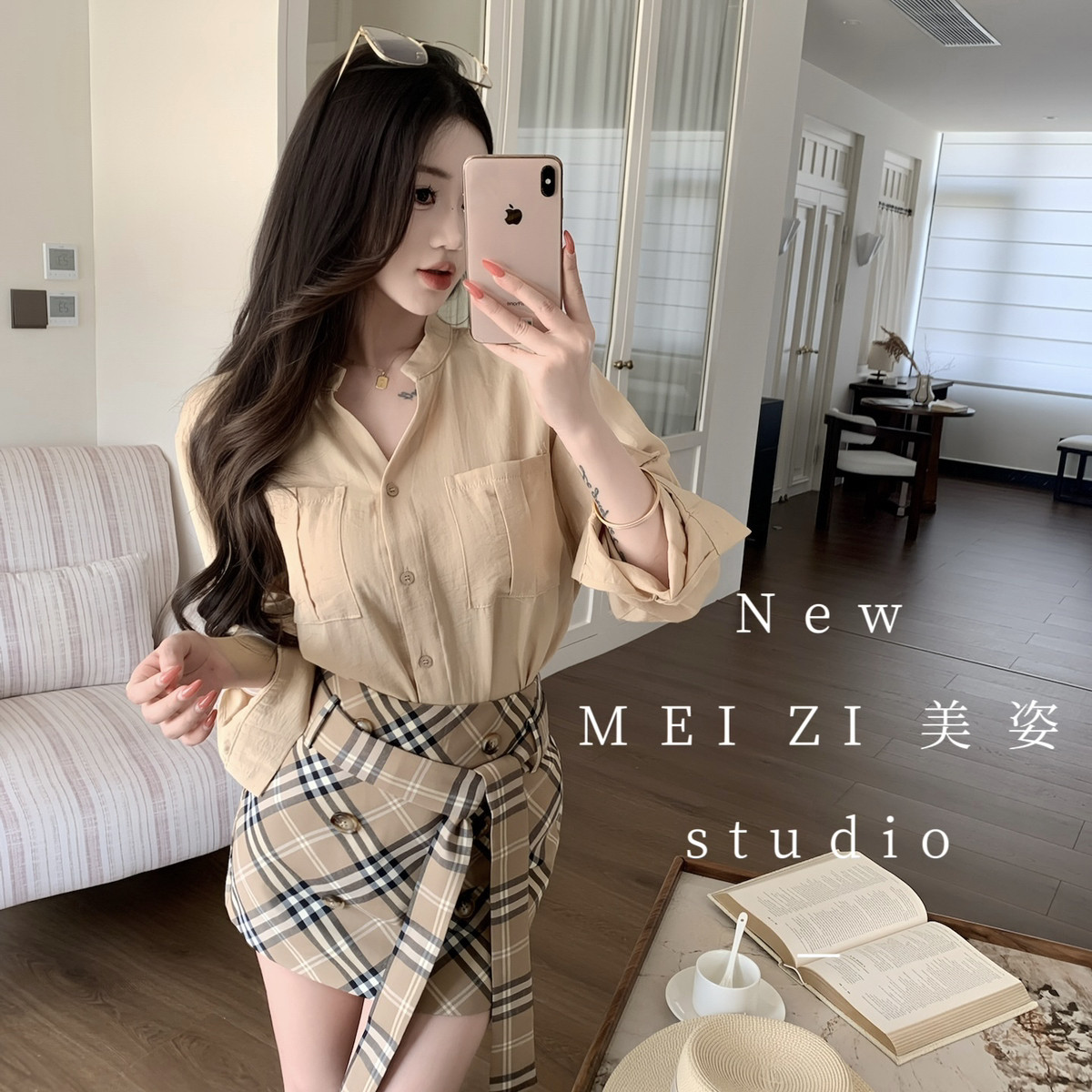 妍熙YANSEE-+经典格纹半身裙衬衣两件套套装(配腰绳)(含安全裤)