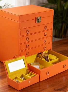 高档橙色真皮多层首饰盒大容量饰品盒带锁精致项链戒指耳环收纳盒