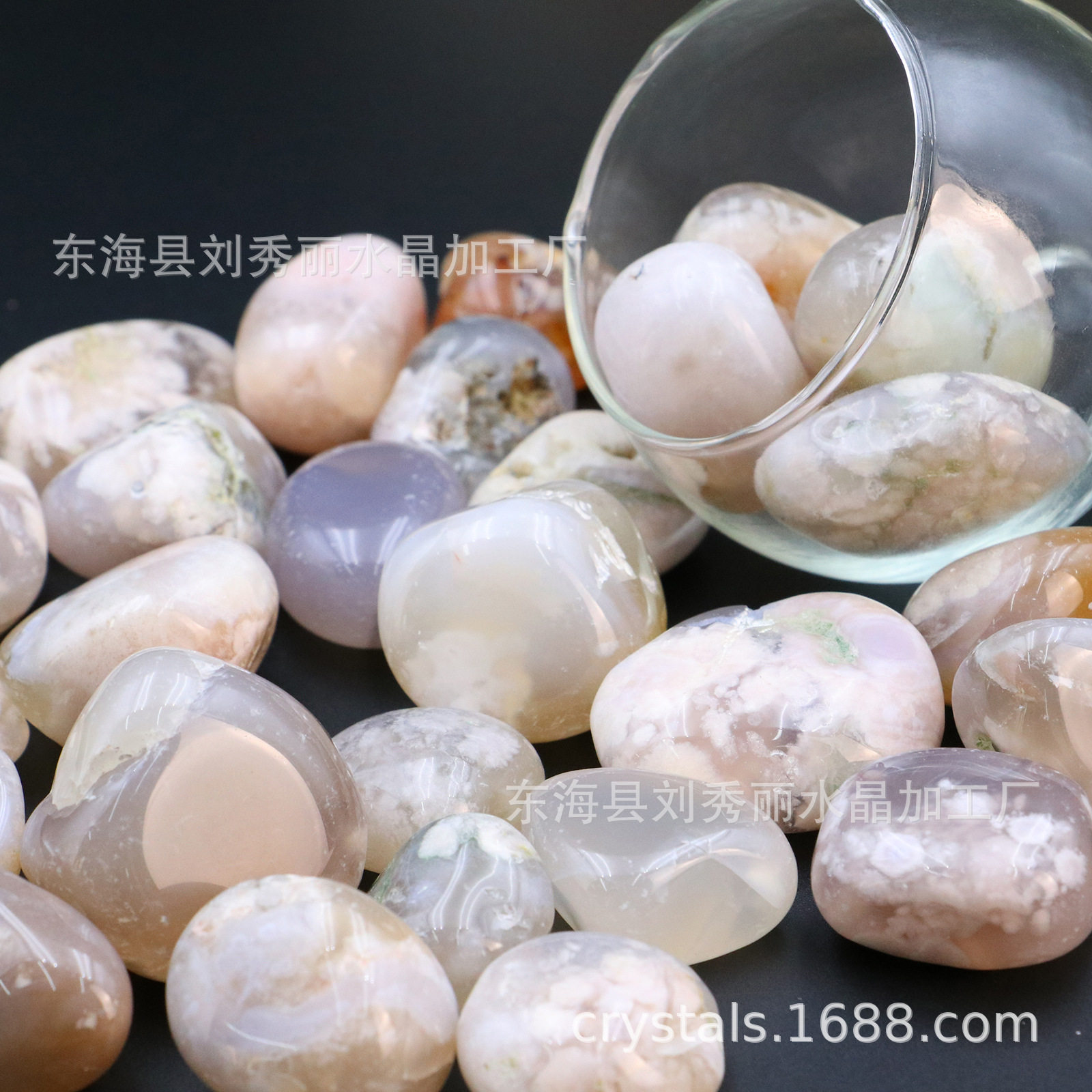 天然水晶樱花玛瑙打磨抛光滚石鱼缸花盆观景石摆件直销厂家直供