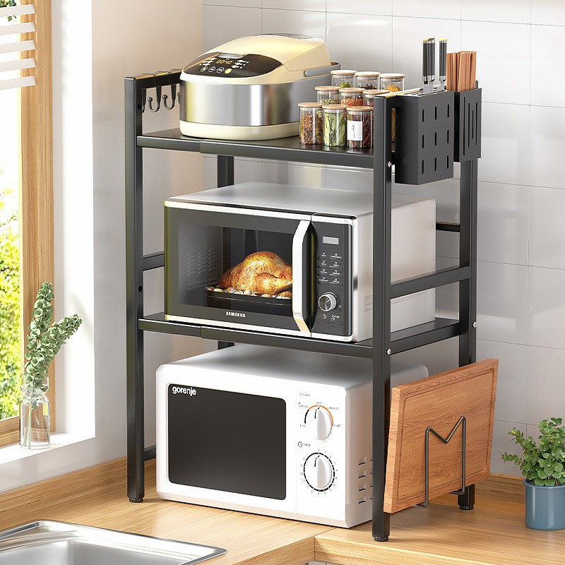 可伸缩调节微波炉置物架烤箱架子一体家用桌面电饭锅收纳支架铁架
