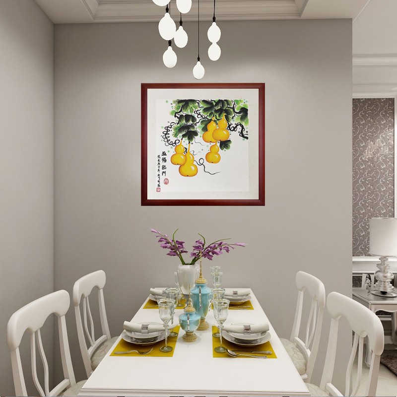 手绘新中式五福临门挂画入门玄关装饰画葫芦走廊过道尽头客厅壁画