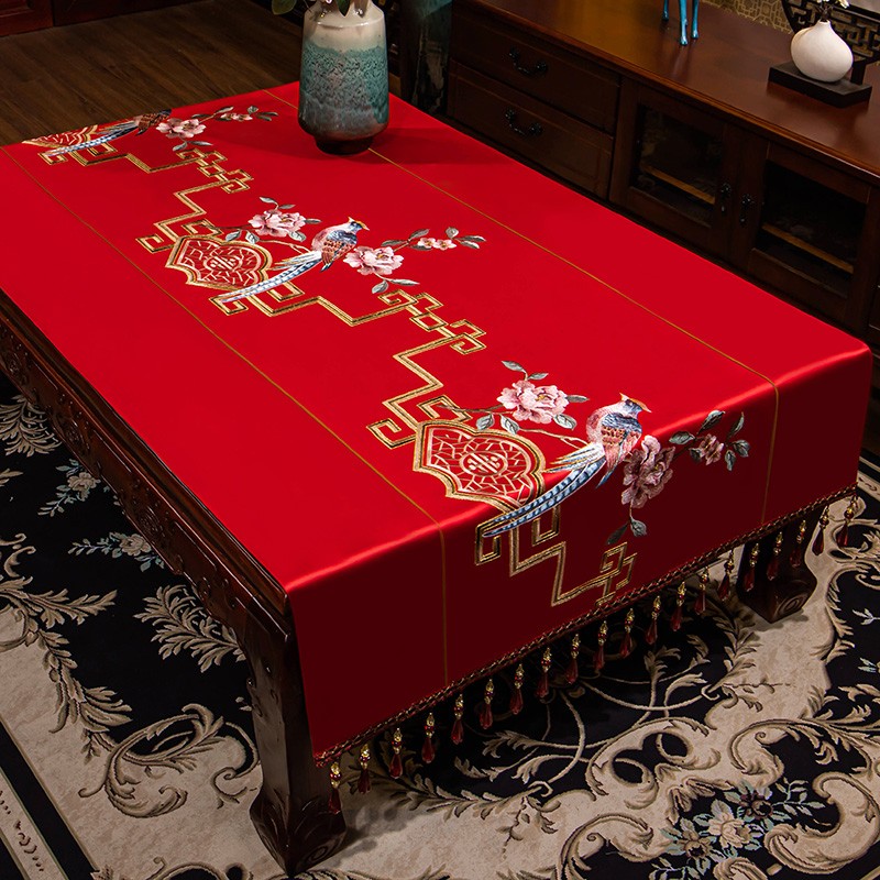 茶几桌布中式电视柜盖巾家用长方形布艺绣花餐桌垫加厚防滑茶几垫