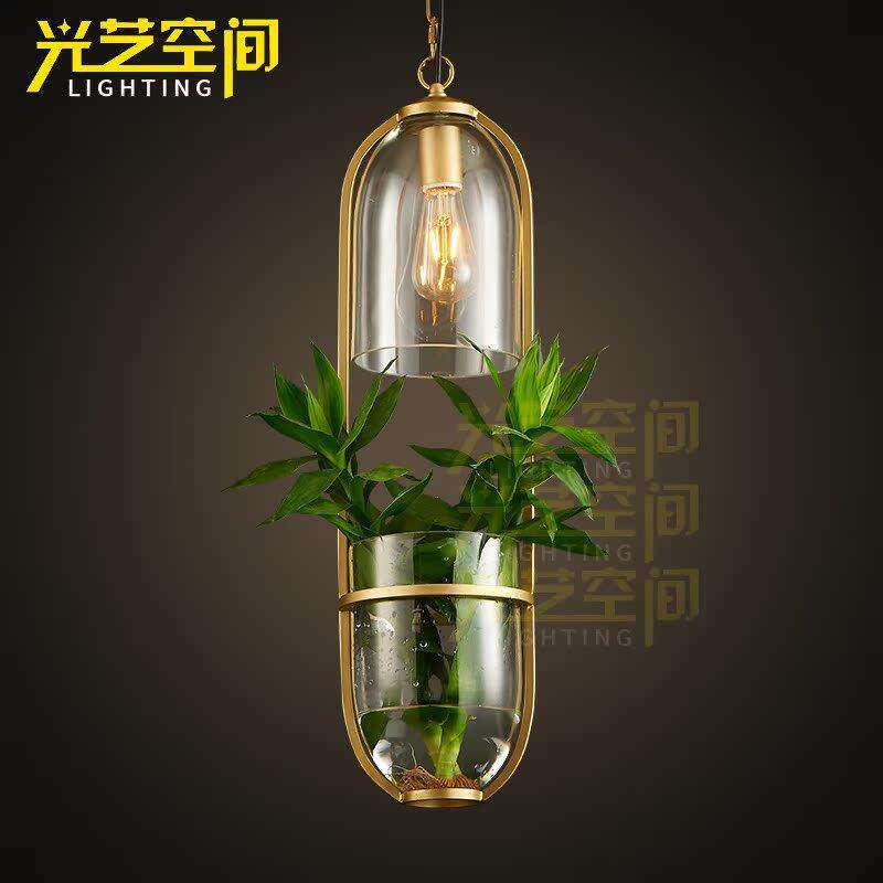 中山工厂直销吧台植物吊灯铁艺术广东创意花盆玻璃罩过道餐厅阳台