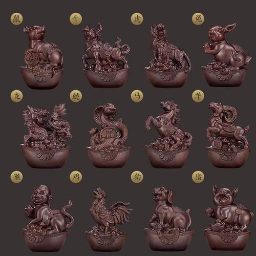 实木雕十二生肖摆件全套12生肖鼠牛虎兔龙蛇马羊猴鸡狗猪家居装饰