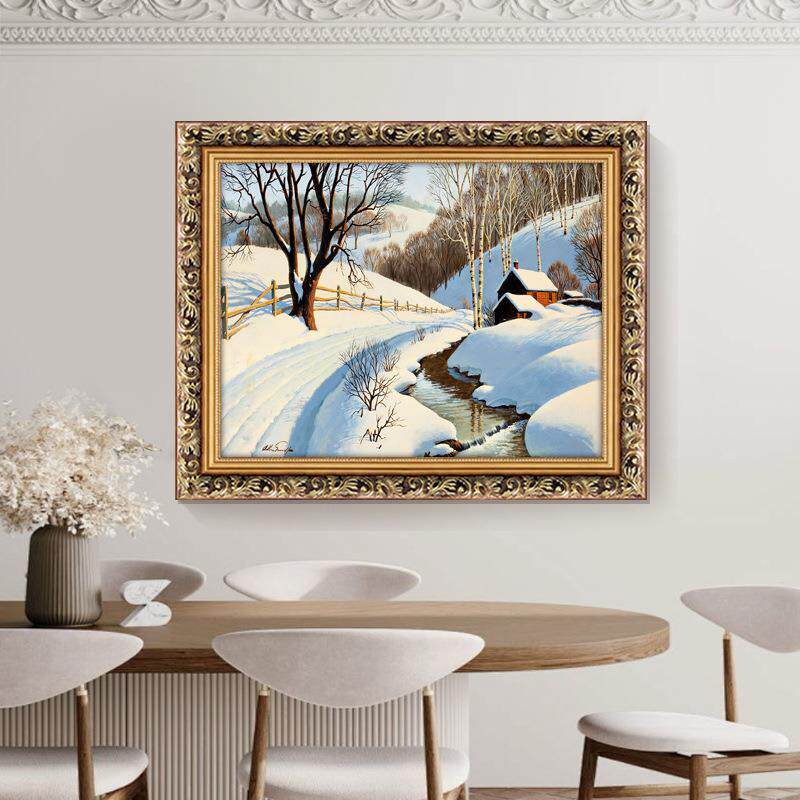 世界名画乡村雪景冬天远景仿油画田园风格风景装饰画走廊过道壁画